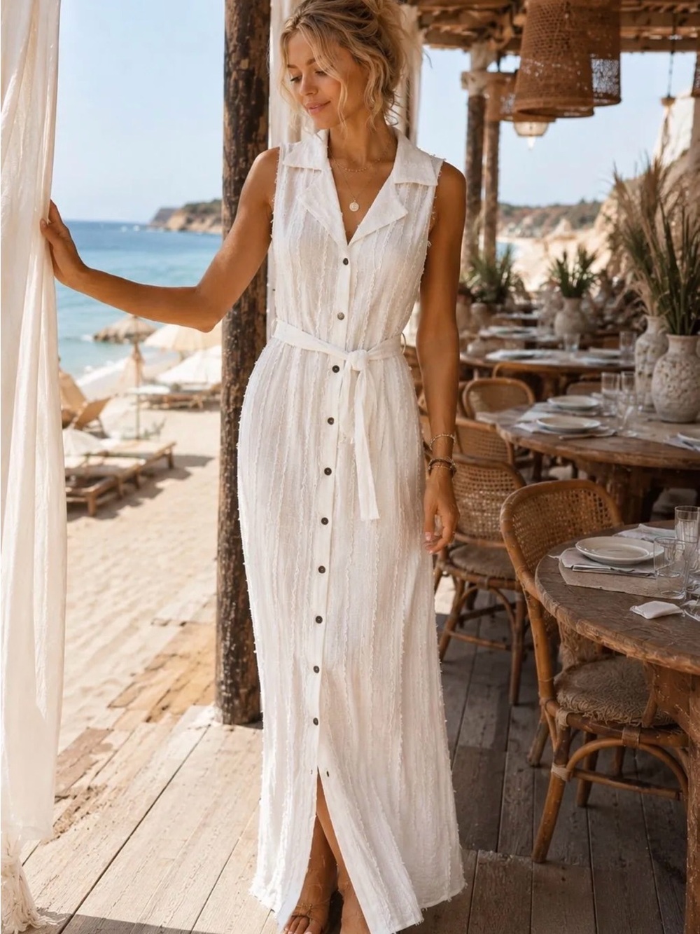 121. STUNNING resort beach vacation button down wrap belt dress white